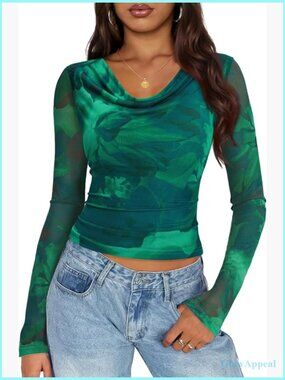 Floral Mesh Long Sleeve Cowl Neck Slim Fit Crop Top Y2K Going Out Shirt Trendy